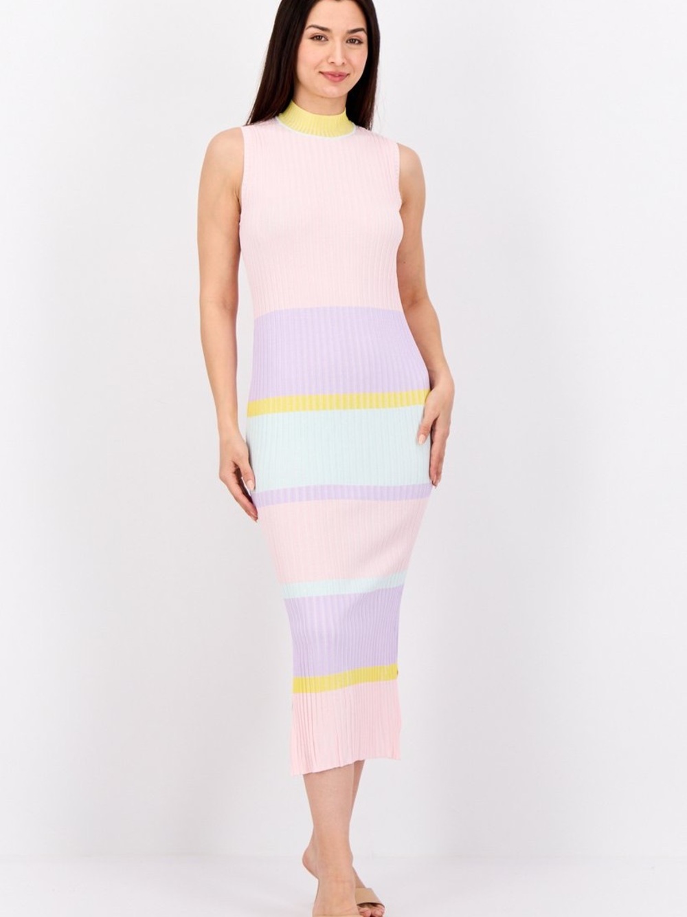 Esprit Pastel Striped Ribbed Midi Dress in Pink, Lavender, Mint & Yellow